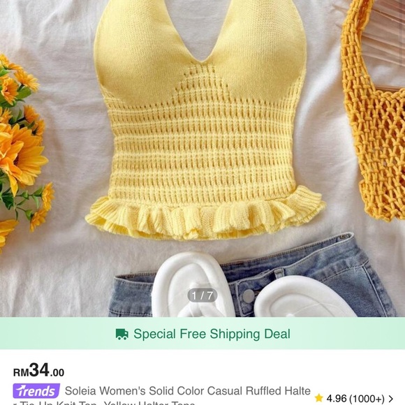 206 SHEIN | NWOT Bohemian Yellow Knit Halter Ruffle Top (size XS,2) - Picture 5 of 12